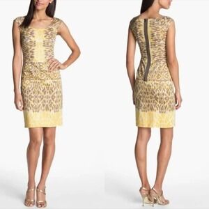 Adrianna Papell Tan & Yellow Ikat Sleeveless Sheath Dress